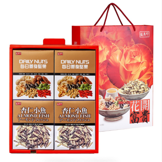 【盛香珍】花開富貴禮盒杏仁小魚+每日養身堅果500g(年節限定)
